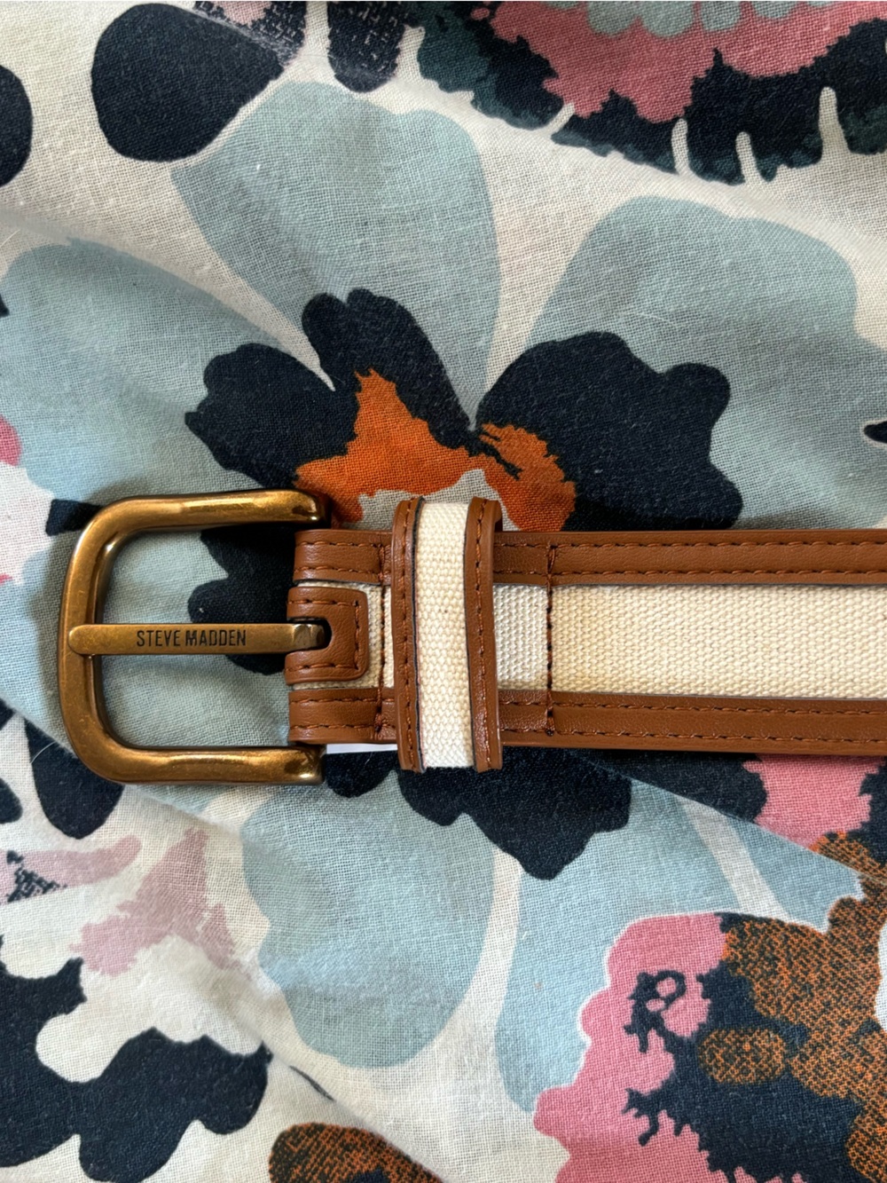 NWT Steve Madden Brown & Cream Canvas Leather Belt